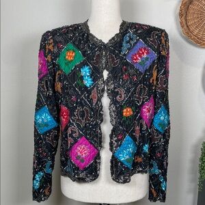 Vintage 80’s Silk Sequin Beaded Quilted Embroidered Trophy Jacket Jewel Tones M